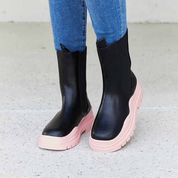 Two-Tone Faux Leather Booties in Pink - Picture 2 of 8